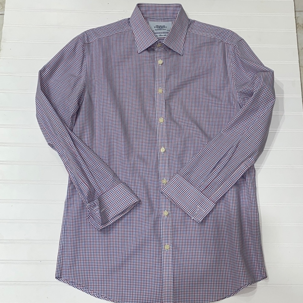 Charles Tyrwhitt Men's Red Blue White Check Extra Slim Fit Buttons Down Shirt